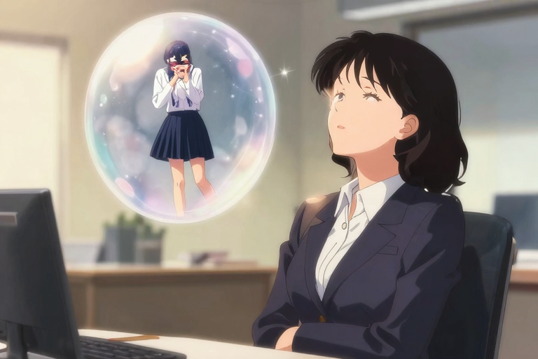 スーツ姿の会社員が制服コスプレを見つめるイメージ、ファンタジー、アニメ調