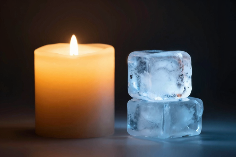 温度プレイを示すイメージ——氷と蝋燭が並んでいる、コントラストが美しいスタイリッシュな構図、dark background, cold and warm tones, masterpiece, very aesthetic, score_9, score_8_up
