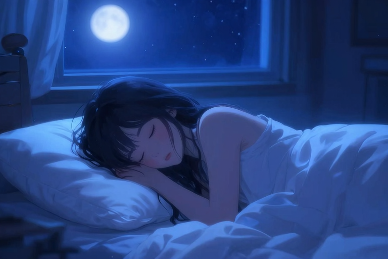 眠る女の子と夜の月明かり